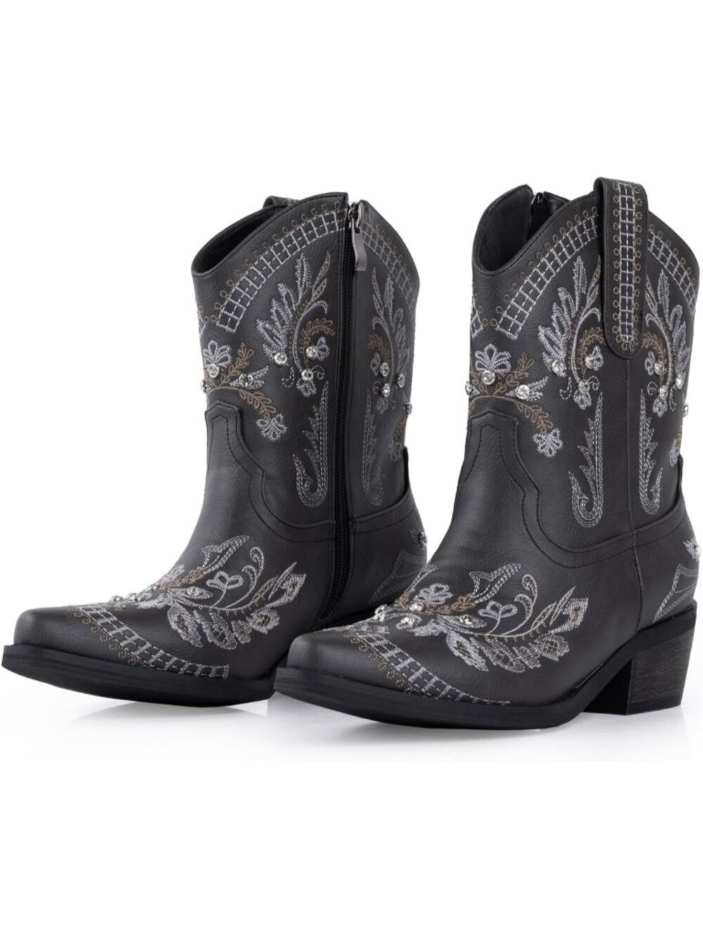 Women's Charcoal Embroidered Cowgirl Chunky Heel Side Zipper Western Booties - Picture 1 of 7